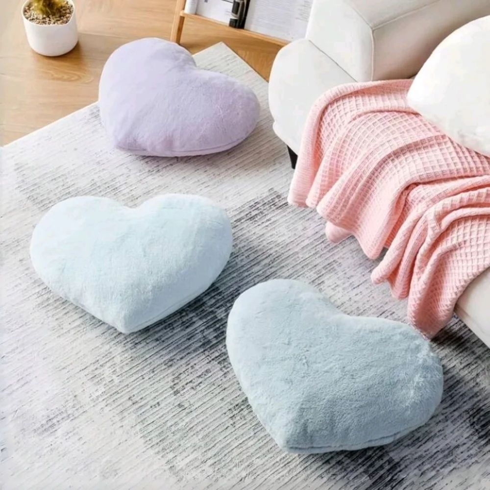Heart-Shaped Blue Plush Faux Fur Throw Pillow